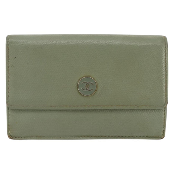 CHANEL Card Case Leather Green Gold CC Auth 204781