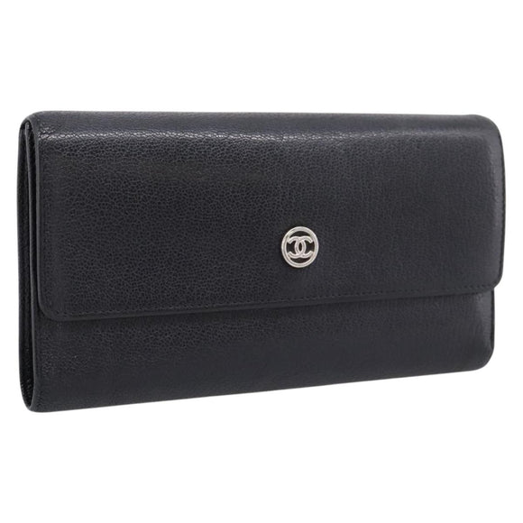 CHANEL Long Wallet Leather Black Silver CC Auth 204783