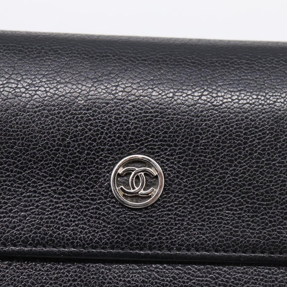 CHANEL Long Wallet Leather Black Silver CC Auth 204783