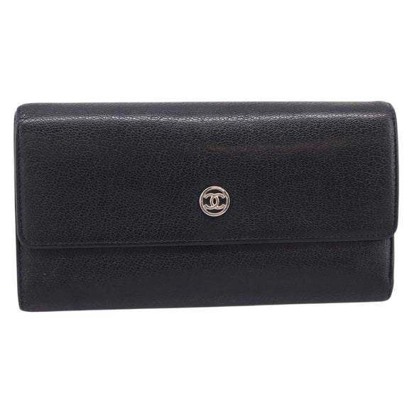CHANEL Long Wallet Leather Black Silver CC Auth 204783