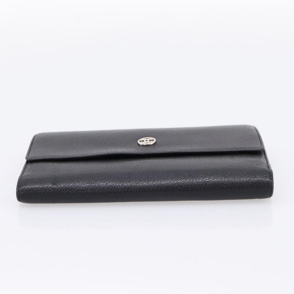 CHANEL Long Wallet Leather Black Silver CC Auth 204783