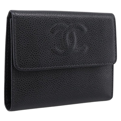 CHANEL Matelasse Wallet Caviar Skin Black Gold CC Auth 204790V