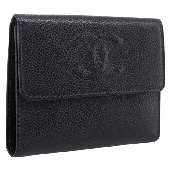 CHANEL Matelasse Wallet Caviar Skin Black Gold CC Auth 204790V