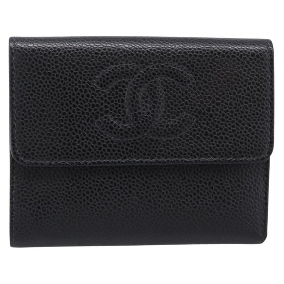 CHANEL Matelasse Wallet Caviar Skin Black Gold CC Auth 204790V