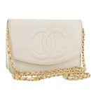 CHANEL Chain Shoulder Bag Caviar Skin White Gold CC Auth 204805-1
