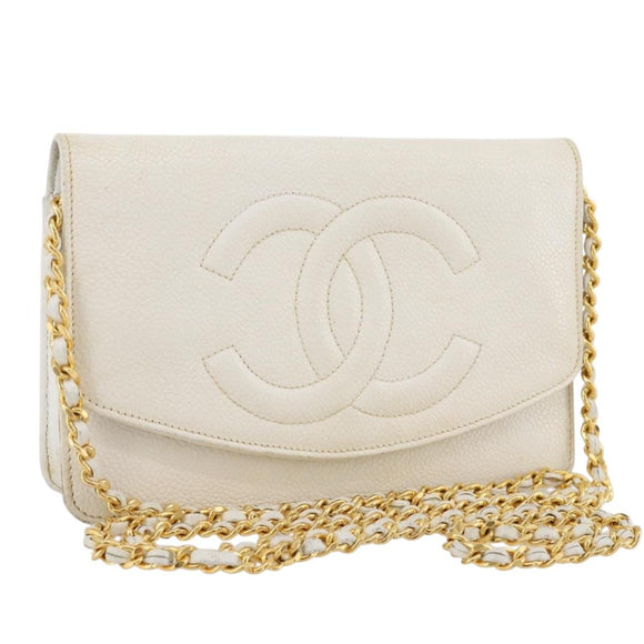 CHANEL Chain Shoulder Bag Caviar Skin White Gold CC Auth 204805