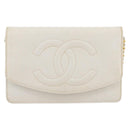 CHANEL Chain Shoulder Bag Caviar Skin White Gold CC Auth 204805-13