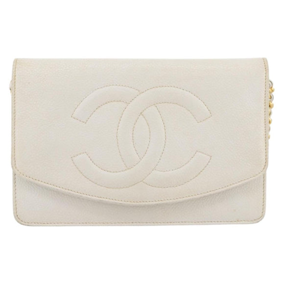 CHANEL Chain Shoulder Bag Caviar Skin White Gold CC Auth 204805
