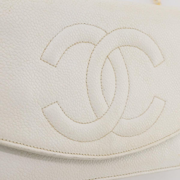 CHANEL Chain Shoulder Bag Caviar Skin White Gold CC Auth 204805