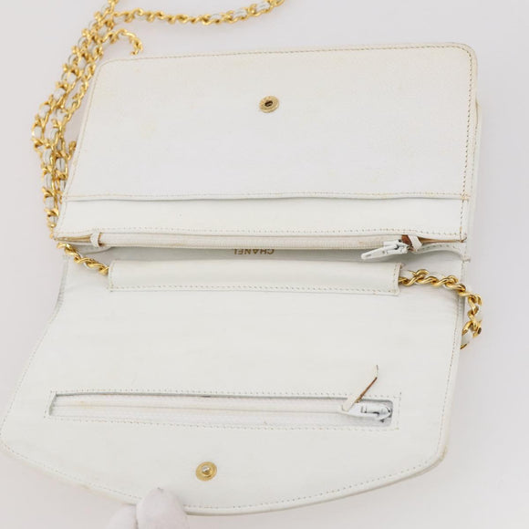 CHANEL Chain Shoulder Bag Caviar Skin White Gold CC Auth 204805