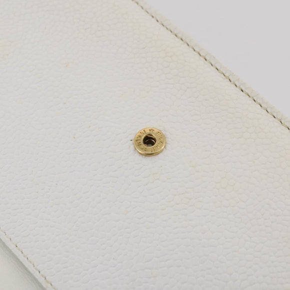 CHANEL Chain Shoulder Bag Caviar Skin White Gold CC Auth 204805