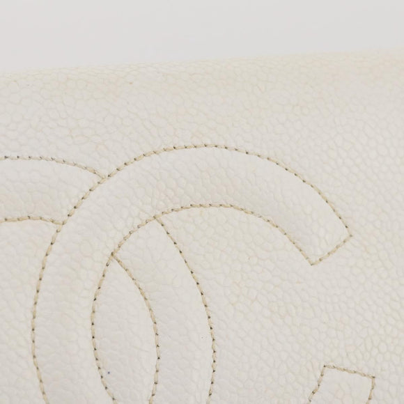 CHANEL Chain Shoulder Bag Caviar Skin White Gold CC Auth 204805