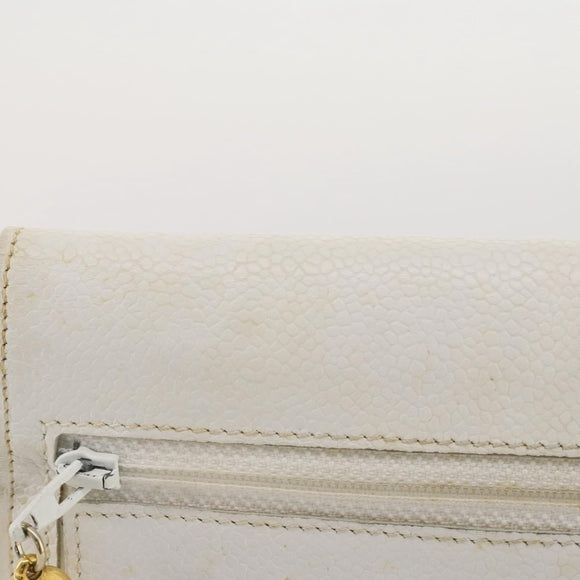CHANEL Chain Shoulder Bag Caviar Skin White Gold CC Auth 204805