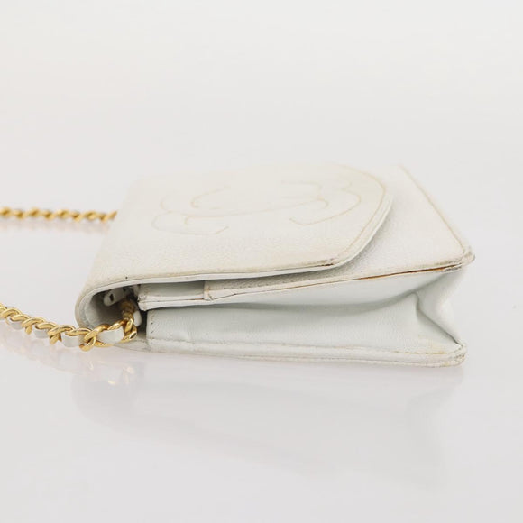 CHANEL Chain Shoulder Bag Caviar Skin White Gold CC Auth 204805
