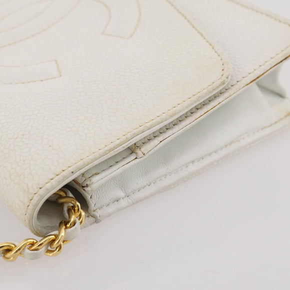 CHANEL Chain Shoulder Bag Caviar Skin White Gold CC Auth 204805