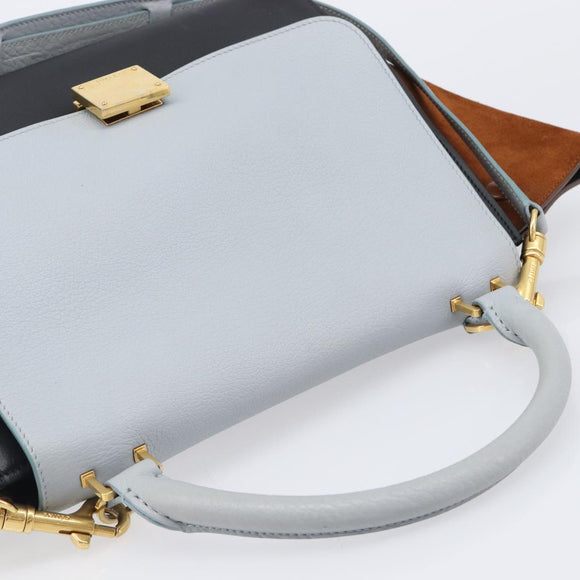 CELINE Trapeze Hand Bag Leather 2way Light Blue Gold Auth 204832V