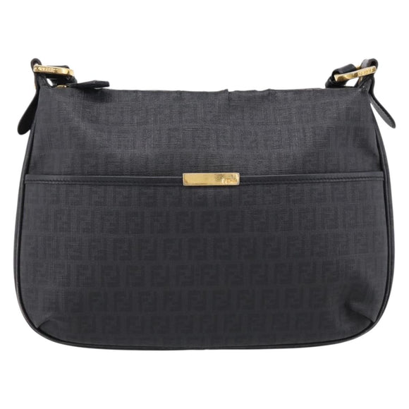 FENDI Zucchino Canvas Shoulder Bag PVC Black Gold Auth 204845