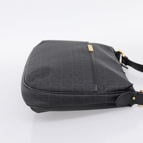 FENDI Zucchino Canvas Shoulder Bag PVC Black Gold Auth 204845