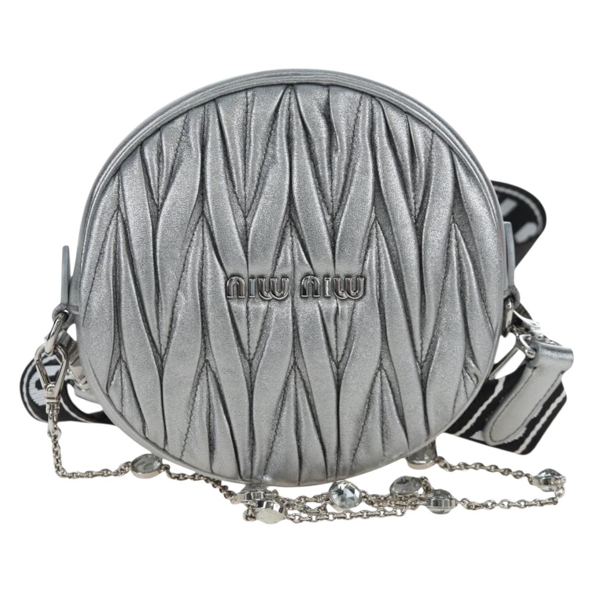 Miu Miu Matelasse Chain Shoulder Bag Leather 2way Silver Auth