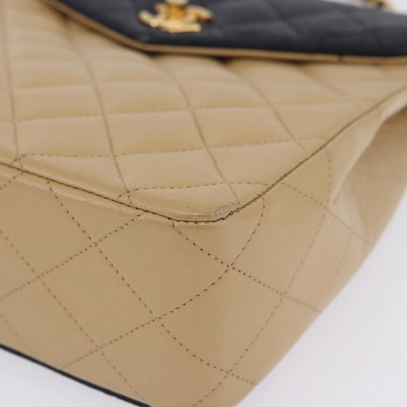 CHANEL Matelasse Chain Shoulder Bag Lamb Skin Beige Gold CC Auth 204855A
