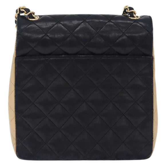 CHANEL Matelasse Chain Shoulder Bag Lamb Skin Beige Gold CC Auth 204855A