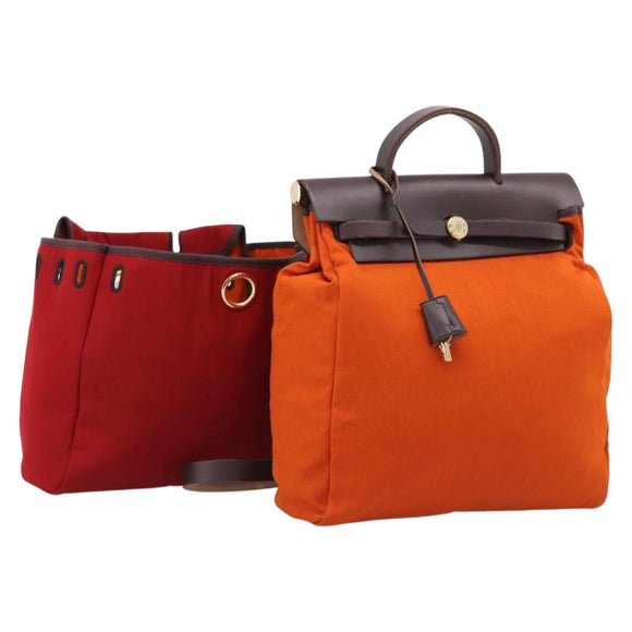 HERMES Herbag Ad PM Backpack Canvas Leather 2way Orange Gold Auth 204861M
