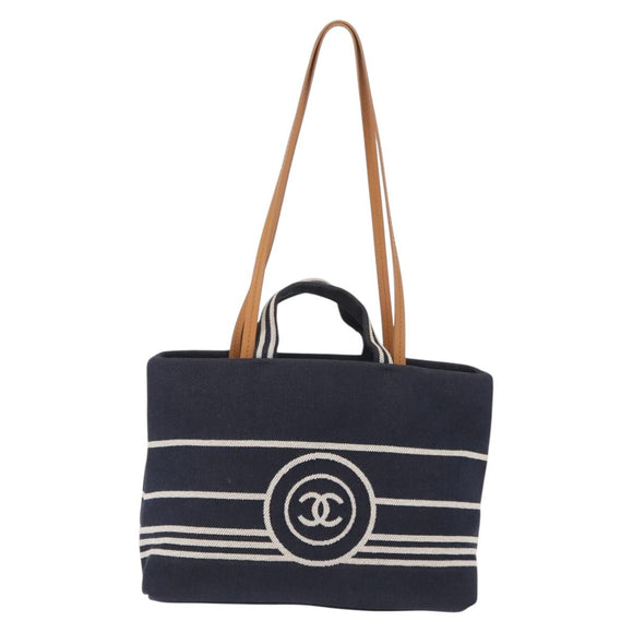 CHANEL Hand Bag Canvas 2way Navy Silver CC Auth 204878V