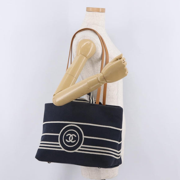 CHANEL Hand Bag Canvas 2way Navy Silver CC Auth 204878V