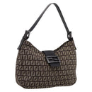 FENDI Zucchino Canvas Mamma Baguette Shoulder Bag Brown Silver Auth 204892V-1