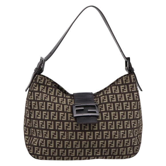 FENDI Zucchino Canvas Mamma Baguette Shoulder Bag Brown Silver Auth 204892V