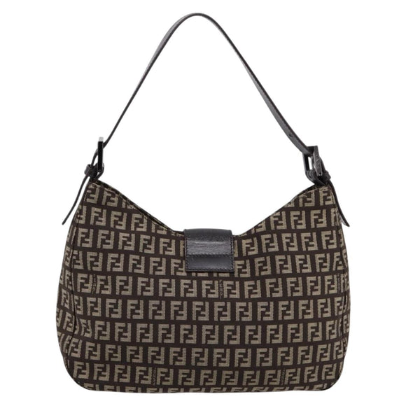FENDI Zucchino Canvas Mamma Baguette Shoulder Bag Brown Silver Auth 204892V