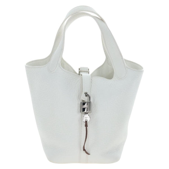 HERMES Picotan Lock PM Hand Bag Taurillon Leather White Silver Auth 204895SAM