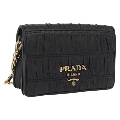 PRADA Gathered Chain Shoulder Bag Leather Black Gold Auth 204909A