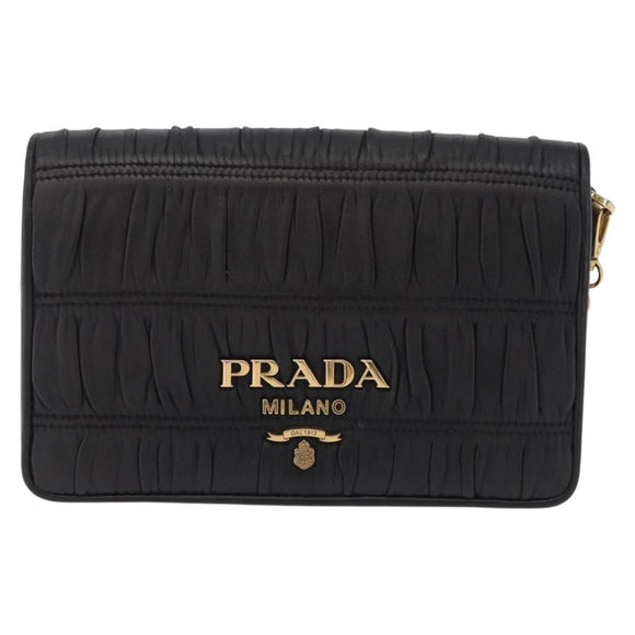 PRADA Gathered Chain Shoulder Bag Leather Black Gold Auth 204909A
