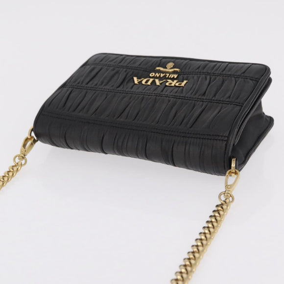 PRADA Gathered Chain Shoulder Bag Leather Black Gold Auth 204909A