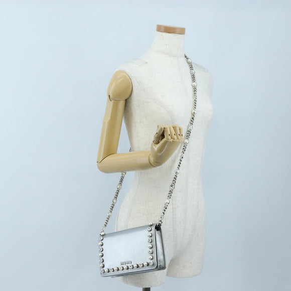 Miu Miu Chain Shoulder Bag Leather Silver Auth 204916M