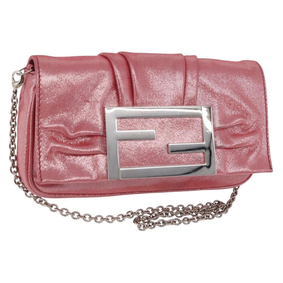 FENDI Mia Pochette Chain Shoulder Bag Leather Pink Silver 8BP046 Auth 204918M