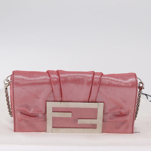 FENDI Mia Pochette Chain Shoulder Bag Leather Pink Silver 8BP046 Auth 204918M