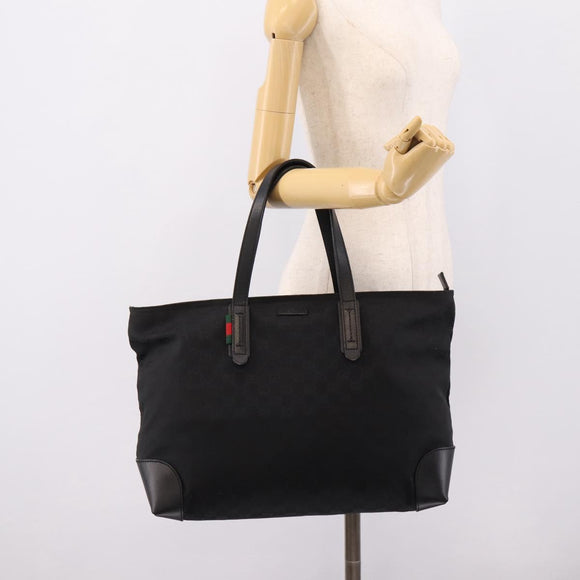 GUCCI GG Canvas Web Sherry Line Tote Bag Black Silver 308928 Auth 204924