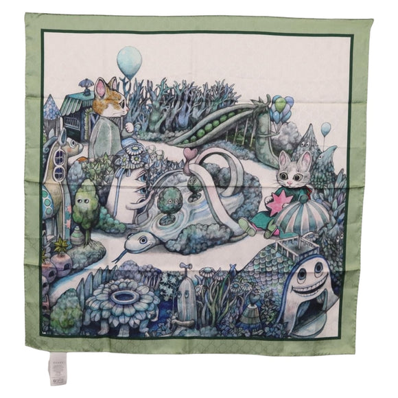 GUCCI Yuko Higuchi GG Scarf Silk Green White 863477 Auth 204930M