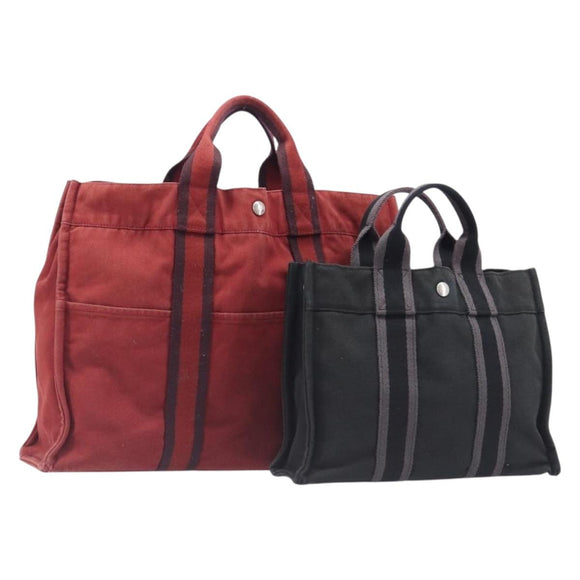 HERMES Hand Bag Canvas 2 Set Black Red Auth 204987