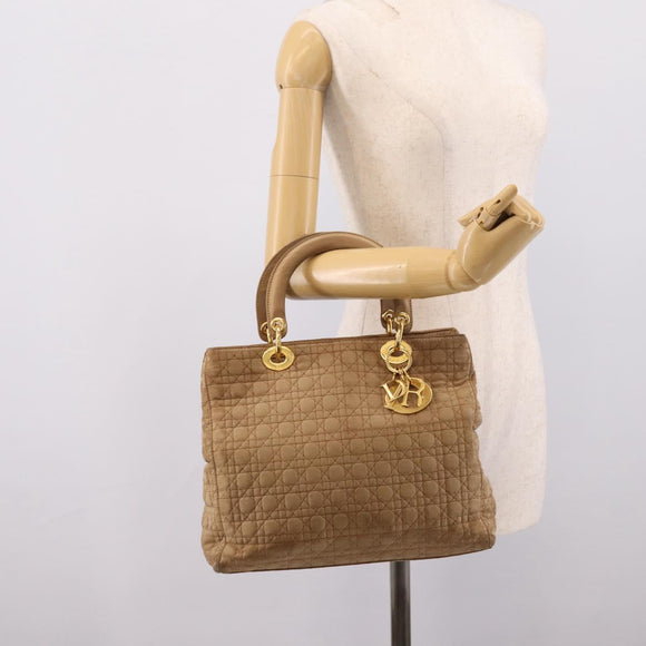 Christian Dior Lady Dior Canage Hand Bag Nylon Beige Gold Auth 205012