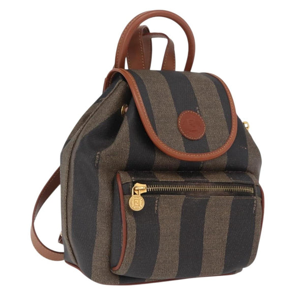 FENDI Pecan Canvas Backpack PVC Black Brown Auth 205016