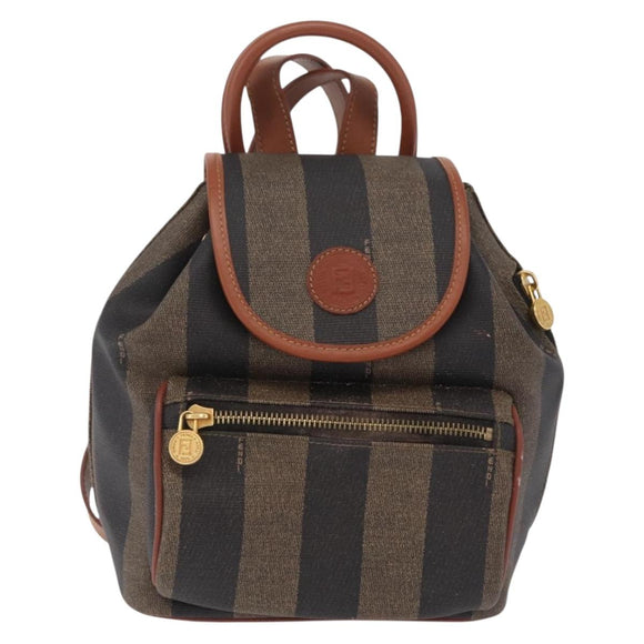 FENDI Pecan Canvas Backpack PVC Black Brown Auth 205016