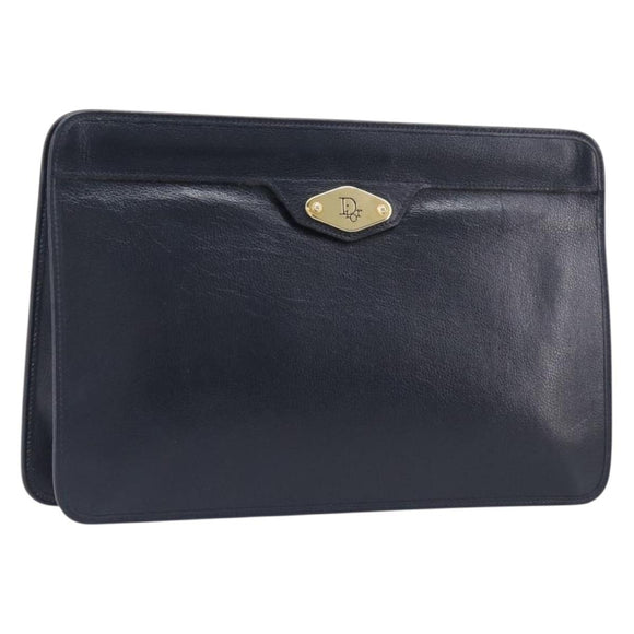 Christian Dior Honeycomb Canvas Clutch Bag PVC Leather Navy Gold Auth 205025A