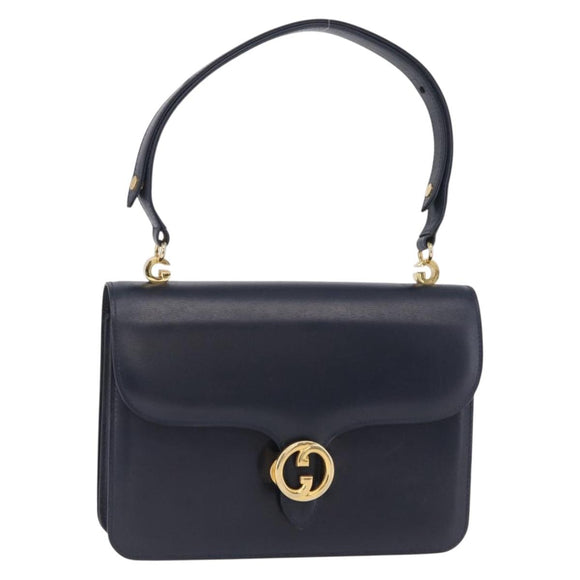 GUCCI Shoulder Bag Leather Navy Gold Auth 205027