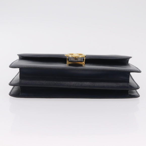 GUCCI Shoulder Bag Leather Navy Gold Auth 205027