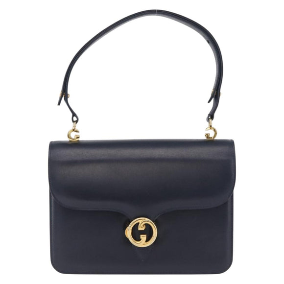 GUCCI Shoulder Bag Leather Navy Gold Auth 205027