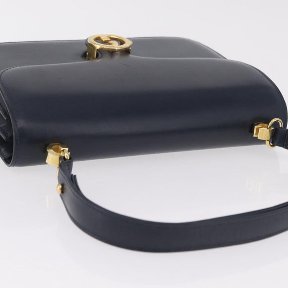 GUCCI Shoulder Bag Leather Navy Gold Auth 205027