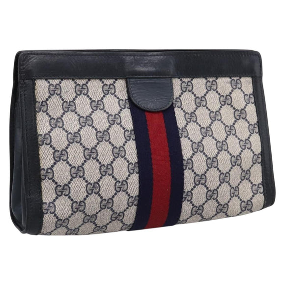 GUCCI GG Supreme Sherry Line Clutch Bag PVC Navy 37 039 2125 Auth 205042A